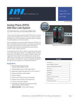 Analog Phone (POTS) DIN Fiber Link System SYSTEM INSTALLATION INFORMATION