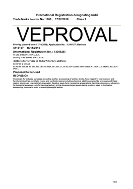 International Registration Designating India Trade Marks Journal No: 1880 , 17/12/2018 Class 1