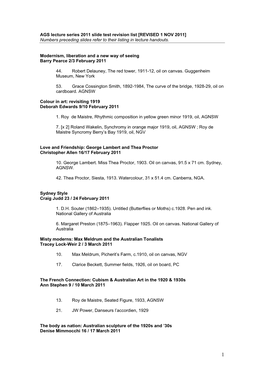 AGS Lecture Series 2011 Slide Test Revision List [REVISED 1 NOV 2011] Numbers Preceding Slides Refer to Their Listing in Lecture Handouts