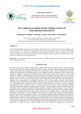 Free Radical Scavenging Activity of Plant Extracts of Chlorophytum Tuberosum B