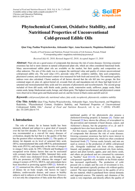 Phytochemical Content, Oxidative Stability, and Nutritional Properties of Unconventional Cold-Pressed Edible Oils