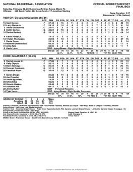 Box Score Cavaliers