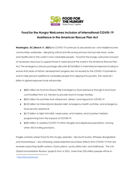 Food for the Hungry Welcomes Inclusion of International COVID-19 Assistance in the American Rescue Plan Act