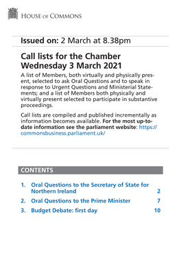 Call Lists for the Chamber Wednesday 3 March 2021