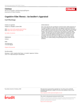 Cognitive Film Theory : an Insider’S Appraisal Carl Plantinga