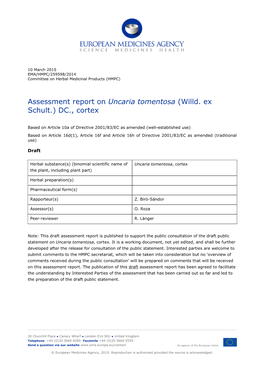 Assessment Report on Uncaria Tomentosa (Willd. Ex Schult.) DC., Cortex