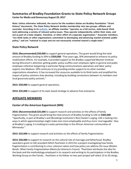 Summaries of Bradley Foundation Grants to State Policy Network Groups Center for Media and Democracy August 29, 2017