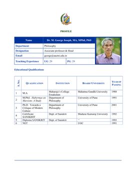 PROFILE Name Dr. M. George Joseph, MA, Mphil, Phd Department