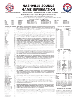 Nashville Sounds Game Information @Nashvillesounds First Tennessee Park 19 Junior Gilliam Way Nashville, TN 37219 Nashville Sounds (12-22) Vs