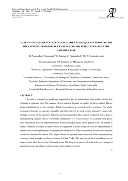 A Study on Implementation of Poka– Yoke Technique in Improving the Operational Performance by Reducing the Rejection Rate in the Assembly Line