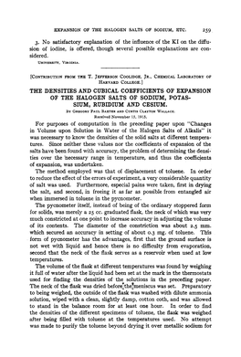 The Densities and Cubical Coefficients of Expansion of the Halogen Salts of Sodium, Potas- Sium, Rubidium and Cesium