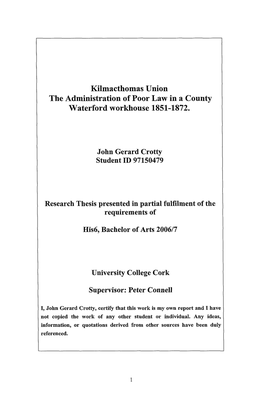 Kilmacthomas Union the Administration of Poor Law in a County Waterford Workhouse 1851-1872