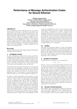 Performance of Message Authentication Codes for Secure Ethernet