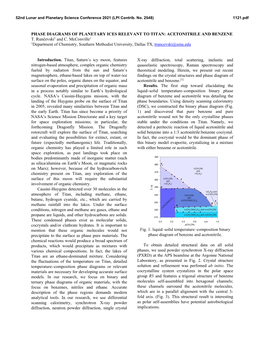 PHASE DIAGRAMS of PLANETARY ICES RELEVANT to TITAN: ACETONITRILE and BENZENE T. Runčevski1 and C. Mcconville1 1Department of Ch