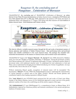Raagotsav-II, the Concluding Part of Raagotsav…Celebration of Monsoon