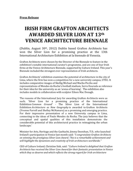 GRAFTON ARCHITECTS AWARDED SILVER LION at 13Th VENICE ARCHITECTURE BIENNALE