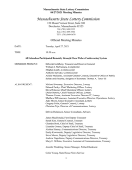 Massachusetts State Lottery Commission 04/27/2021 Meeting Minutes