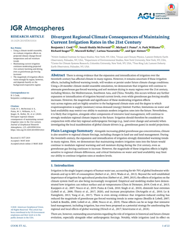 Divergent Regional Climate Consequences of Maintaining 10.1029/2019JD031814 Current Irrigation Rates in the 21St Century 1,2 3 4 5 Key Points: Benjamin I