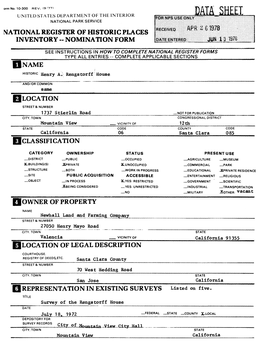 Sheet National Park Service National Register of Historic Places Inventory -- Nomination Form