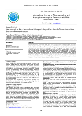 Hematological, Biochemical and Histopathological Studies of Cicuta Virosa Linn