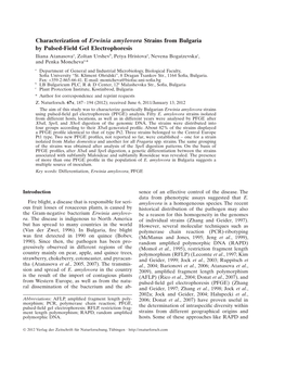 Characterization of Erwinia Amylovora Strains from Bulgaria by Pulsed