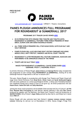 Paines Plough Announces Full Programme for Roundabout @ Summerhall 2017