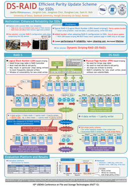 DS-RAID for Ssds Jaeho Kim(Presenter), Jongmin Lee, Jongmoo Choi, Donghee Lee, Sam H