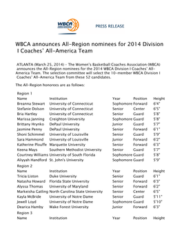 WBCA Announces All-Region Nominees for 2014 Division I Coaches’ All-America Team