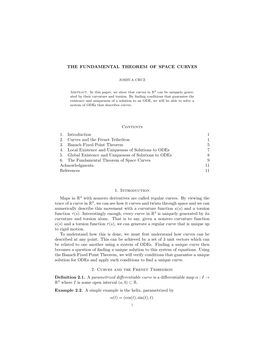 THE FUNDAMENTAL THEOREM of SPACE CURVES Contents 1