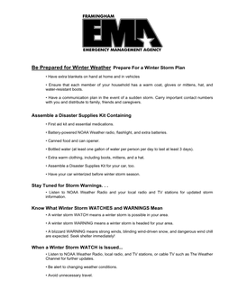 Be Prepared for Winter Weather Prepare for a Winter Storm Plan