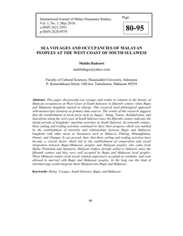 Sea Voyages and Occupancies of Malayan Peoples at the West Coast of South Sulawesi