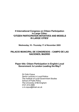 Citizen Participation Initiatives and Models in Large Cities’