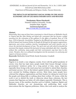 IGWEBUIKE: an African Journal of Arts and Humanities. Vol. 6. No. 3. ISSN: 2488- 9210 (Print) 2504-9038 (Online) 2020. Departme