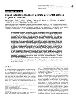 Stress-Induced Changes in Primate Prefrontal Profiles of Gene Expression
