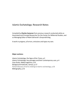 Islamic Eschatology: Research Notes