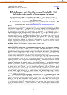 Effect of Maize Weevil (Sitophilus Zeamais Motschulsky 1855) Infestation on the Quality of Three Commercial Pastas