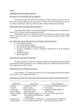 UNIT I THEORIES of ECONOMIC GROWTH MEANING of ECONOMIC DEVELOPMENT Economic Development Refers to the Problems of Under Developed Countries