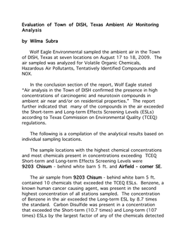 Evaluation of Town of DISH, Texas Ambient Air Monitoring Analysis by Wilma Subra