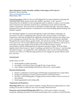 Gender, Sexuality, and Race in the Legacy of Don Quixote Instructor: Olivia Carpenter Olivia Carpenter@G.Harvard.Edu Office Hours: TBA