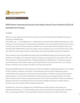 MGM Resorts International Executive Chris Kelley Named Future President & COO of Northfield Park Property