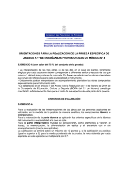 Orientaciones Para La Realización De La Prueba Específica De Acceso a 1º De Enseñanzas Profesionales De Música 2014