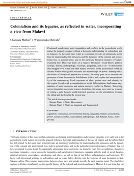 Colonialism and Its Legacies, As Reflected in Water, Incorporating a View from Malawi