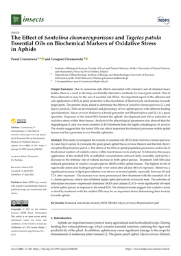 The Effect of Santolina Chamaecyparissus and Tagetes Patula Essential Oils on Biochemical Markers of Oxidative Stress in Aphids