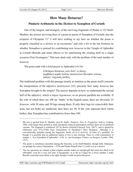 How Many Hetaerae? Pindaric Arithmetic in the Skolion to Xenophon of Corinth