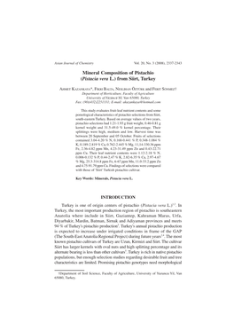 Mineral Composition of Pistachio (Pistacia Vera L.) from Siirt, Turkey