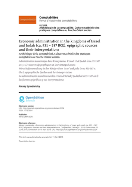 Comptabilités, 8 | 2016 Economic Administration in the Kingdoms of Israel and Judah (Ca