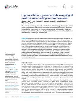 High-Resolution, Genome-Wide Mapping of Positive Supercoiling in Chromosomes Monica S Guo1†*, Ryo Kawamura2, Megan L Littlehale1, John F Marko2,3, Michael T Laub1,4*