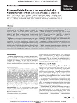 Estrogen Metabolites Are Not Associated with Colorectal Cancer Risk in Postmenopausal Women