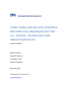 Think Tanks and Related Research and Analysis Organizations for U.S