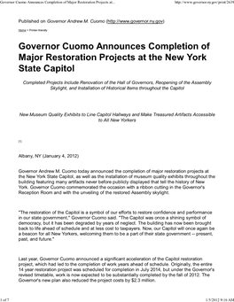 Governor Cuomo Announces Completion of Major Restoration Projects at the New York State Capitol